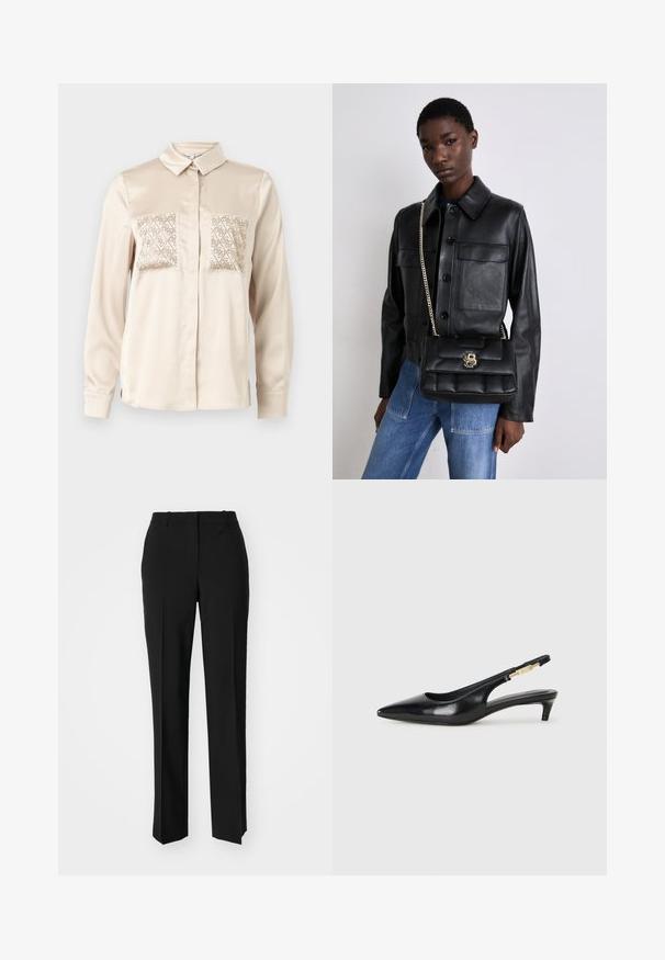 Beige selyemgombos ing hosszú ujjakkal, két díszes zsebbel a mellrészen, amelyek geometrikus kivágásos mintákkal készültek.; Fekete, testhezálló nadrág egyenes szárú kivitelben, sima textúrával és éles redőkkel az elején. Nincs látható fémalkatrész.; Fekete bőr slingback magassarkúk, hegyes orral, vékony sarkakkal és arany színű részlettel a állítható pánton. Simа felület.; Fekete bőrkabát gombos záródással és két elülső zsebbel, fekete steppelt kézitáskával párosítva, amely arany csattal és lánc pánttal rendelkezik.