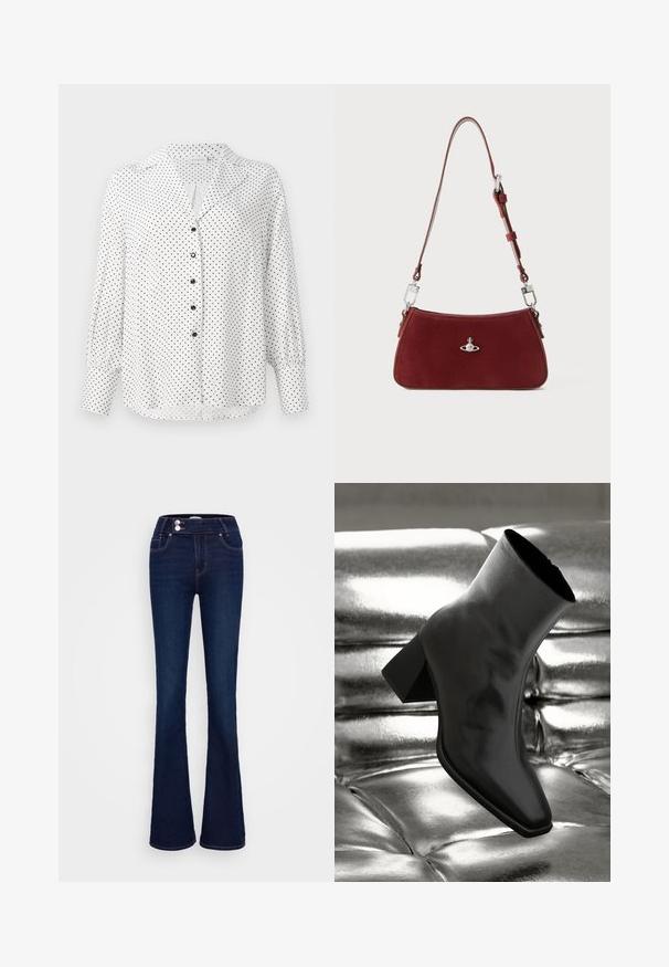 Fehér, hosszú ujjú blúz fekete pöttyökkel, fekete gombokkal az elején, gallérral és széles mandzsettákkal az ujjakon.; Sötétkék bővülő farmernadrág, magas derékkal, két elülső zsebbel és két gombos záródással. Finom textúrájú denim anyagból készült.; Fekete bokacsizma fényes anyagból, négyzetes orral és szűkített sarkú, egy csillogó ezüst kárpitozott háttér előtt.; Piros velúr válltáska ívelt formával. Ezüst tónusú kiegészítőkkel és állítható pánttal, hardver részletekkel. Simább felszíne van.