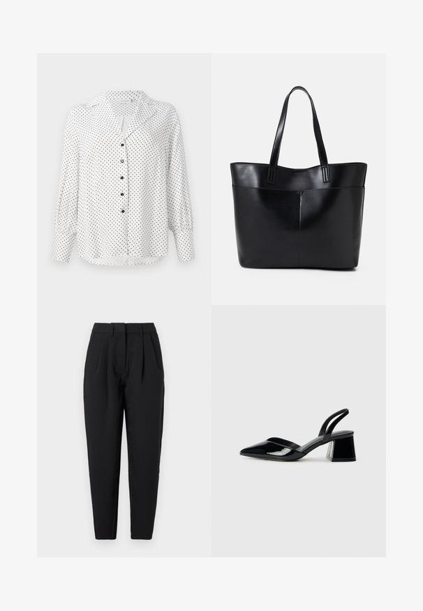 Biała bluzka z długim rękawem w czarne kropki, czarne guziki z przodu, kołnierz oraz szerokie mankiety przy rękawach.; Czarne spodnie o prostym kroju, z plisami z przodu, gładką fakturą i kieszeniami bocznymi. Pas jest standardowej wysokości.; Czarne lakierowane półbuty na obcasie z wydłużonym noskiem i geometrycznym słupkiem. Charakteryzują się eleganckim, minimalistycznym designem oraz gładką fakturą.; Czarna skórzana torba na ramię z dwoma długimi uchwytami, gładką teksturą i sztywną formą. Posiada przednią kieszeń dla dodatkowego przechowywania.
