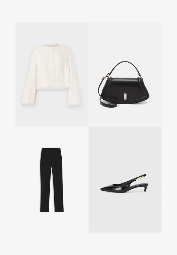 Giacca cropped bianca a maniche lunghe con sottile texture verticale e bordi sfrangiati su polsini, orlo e apertura frontale.; Pantaloni neri su misura con un design a gamba dritta, dotati di tasche frontali e un tessuto liscio e strutturato. Dettagli ordinati e minimalisti.; Tacchi slingback in pelle nera con punta affusolata, caratterizzati da un tacco alto e un accento dorato sulla cinghia regolabile. Texture liscia.; Borsa a mano in pelle nera con un design strutturato, caratterizzata da una forma corta, manico superiore e accessori in metallo dorato. Inclusa tracolla regolabile.