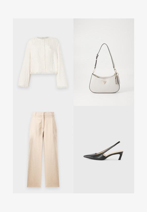Biely krátky kabát s dlhým rukávom, jemnou vertikálnou textúrou a roztrhnutými okrajmi na manžetách, leme a prednom otvore.; Béžové nohavice vyrobené z hladkej látky. Majú rovný strih, plochý predok a dve záhyby. Bez viditeľných vzorov alebo hardvéru.; Čierne slingback topánky s ostrou špičkou a nízkym opätkom, vyrobené z hladkej kože a s výrezmi na boku pre lepšiu priedušnosť.; Biely textúrovaný kabelka s zakriveným tvarom, zlatým kovaním, odnímateľným popruhom a akcentom loga. Obsahuje pripevnenú značkovú tag.