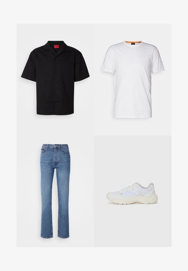 Krátký rukáv černá košile na knoflíky s texturovaným vzorem, špičatým límcem a červenou značkovou etiketou, nabízející viditelné knoflíky podél légy.; Bílý bavlněný tričko s kulatým výstřihem, krátkými rukávy a jemně embosovaným logem na hrudi. Vnitřní štítek má oranžový akcent.; Modré denimové džíny s vysokým pasem, rovnými nohavicemi a jemným vyblednutím. Mají klasický pětikusový styl a zapínání na zip.; Bílé sportovní boty vyrobené z síťoviny a semiše, s texturovanou mezipodešví, texturovanými akcenty a logem "HUGO" na boku.