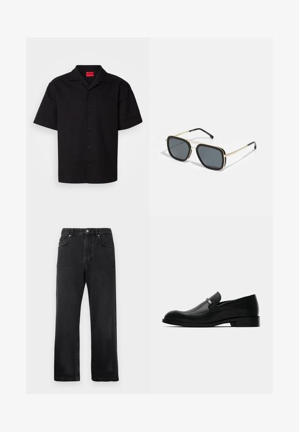 Camisa preta de manga curta com um padrão texturizado, colarinho pontiagudo e etiqueta de marca em vermelho, apresentando botões visíveis ao longo da pala.; Jeans pretos de perna reta com bolsos frontais, passadores de cinto e fechamento com botão sobre um fundo branco.; Sandalho masculino em couro preto com detalhe de fivela metálica, salto baixo e sola de marca, mostrado de lado em fundo branco.; Óculos de sol pretos e dourados com formato quadrado, armação metálica, lentes cinza-escuras e ponteiras pretas. Apresenta um design de ponte dupla.
