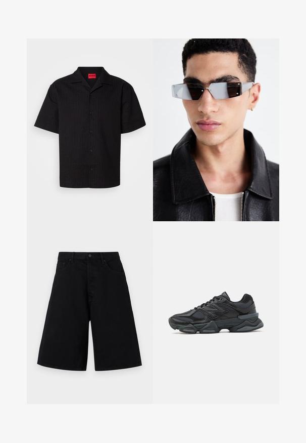 Korte mouwen zwarte overhemd met een gestructureerd patroon, scherpe kraag en een merklabel in het rood, met zichtbare knopen langs de knoopsluiting.; Zwarte denim shorts met een ontspannen pasvorm, voorzien van een klassieke vijf-pocket ontwerp en knoopsluiting, een gladde textuur en rechte pijpen.; Zwarte hardloopschoen met een mix van mesh en synthetische materialen, een stevige zool, gebogen ontwerp en prominente branding op de zijkant.; Hoekige, grijsgetinte zonnebril met zilveren accenten, tegen een lichte achtergrond. De lenzen hebben een unieke geometrische vorm.
