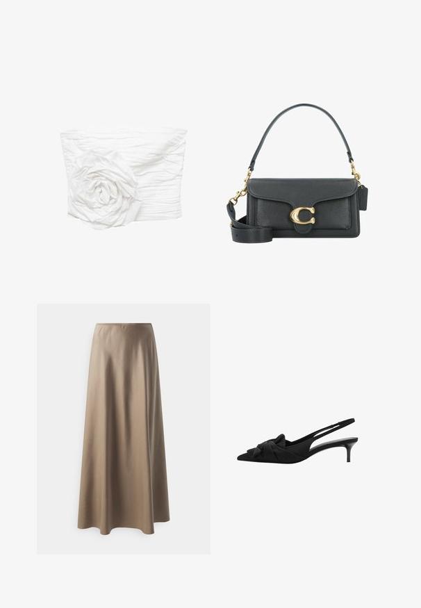 Mango Top - off-white; Fustă de lungime medie confecționată dintr-un material neted, bej, cu un brâu elastic și o siluetă fluidă, lejeră. Fără modele sau accente vizibile.; Pantofi cu toc slingback negri, cu vârf ascuțit, detaliu cu fundă pe parte superioară, material texturat și un toc subțire lucios de 3 inch.; Geantă de piele neagră cu un accent din fier forjat auriu, având un închizător semnătură, curea de umăr detașabilă și o suprafață texturată.