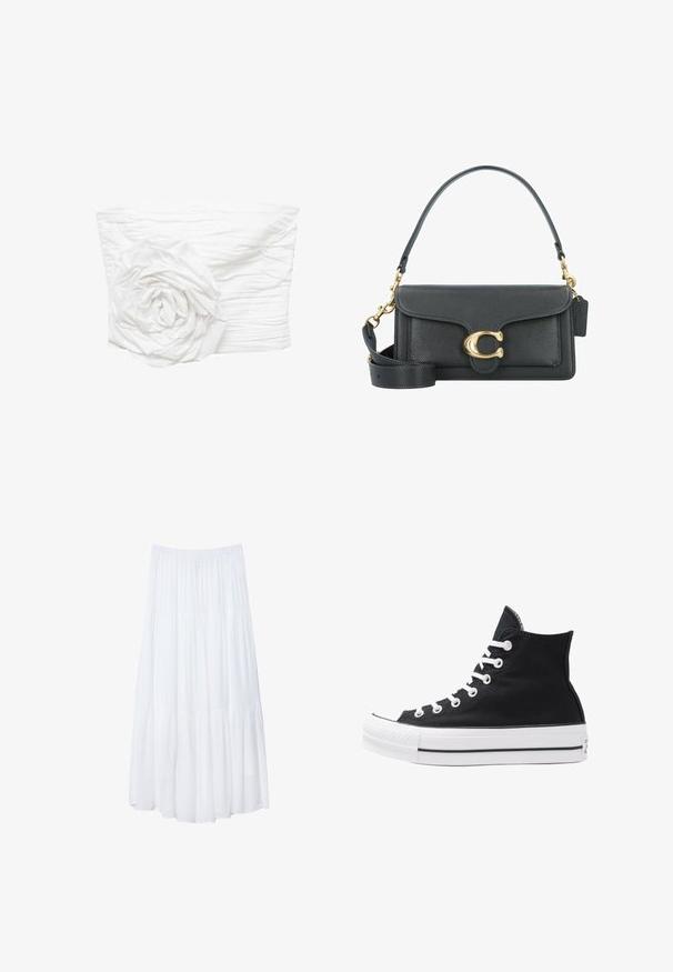 Mango Top - off-white; Bijela, slojevita maksi suknja od laganog materijala. Ima fleksibilnu elasticnu tačnu i lepršav dizajn s mek teksturom.; Visoke crne platnene tenisice s bijelim rupama, vezicama i gumenim potplatom. Imaju teksturirani vrh i crno-bijele pruge kao ukrase.; Crna kožna torba s zlatnim hardverom, koja ima prepoznatljivu kopču, odvojivi remen za ramen, te teksturiranu površinu.