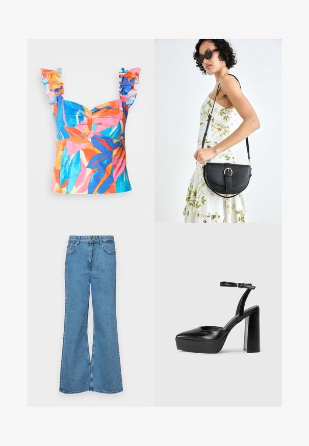 Kleurrijke, gebloemde top met volants op de schouderbanden. Gemaakt van een soepele stof met levendige tinten oranje, blauw en roze.; Lichtblauwe flared jeans van denim, met een hoge taille, vijf zakken en een enkele knoopsluiting. Zachte textuur met een vervaagde afwerking.; Zwarte plateauhakken met een puntige neus en verstelbare enkelband. Gemaakt van soepel leer, met een robuuste blokhak.; Zwarte leren handtas met een gebogen vorm, afneembare schouderband en gouden hardware. De tas heeft een klep met een gespsluiting.