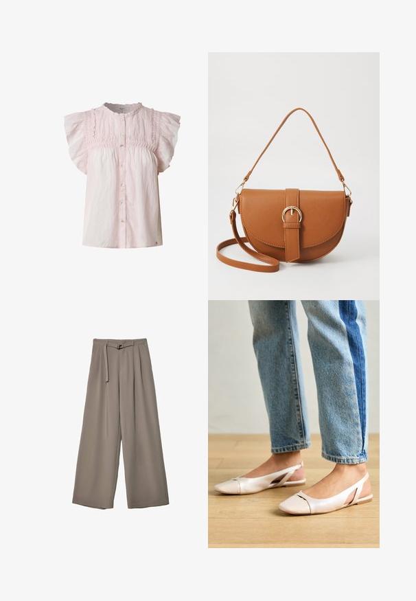 Ljusrosa blus med korta puffärmar, smockad klänning, rund halsringning och knappstängning fram. Tillverkad av lätt tyg med en mjuk textur.; Breda byxor i ett mjukt, dämpat grått tyg, med belagd midja och veck för extra designdetaljer. Slät textur, inga mönster.; Ljust rosa slingback-lägenheter med spetsig tå, tillverkade av ett slätt läderliknande material. Har utskurna detaljer på sidorna och en platt häl.; Brun läder crossbody-väska med en böjd form, gyllene detaljer och en spänneaccent. Har en avtagbar axelrem.