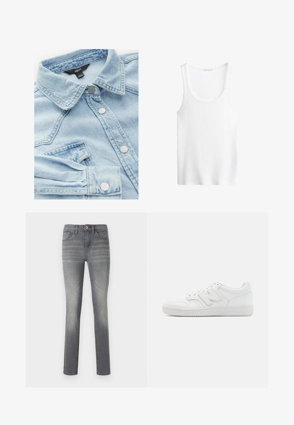 Jasnoniebieska dżinsowa kurtka z klasycznym kołnierzykiem, srebrnymi guzikami i kieszenią na piersi; cechuje się lekko wyblakłą teksturą oraz detalami przeszycia.; Biały żebrowany top na ramiączkach z okrągłym dekoltem i szerokimi ramiączkami. Miękka faktura materiału i obszycia. Prosty, dopasowany krój.; Szare dżinsy o slim fit, z wyblakłym wykończeniem, pięcioma kieszeniami, zapięciem na guzik oraz subtelnymi detalami szycia.; Białe sneakersy z gładkiej skóry, z perforowanym noskiem, teksturowaną gumową podeszwą, płaskimi sznurówkami i wyraźnym logo 'N' z boku.