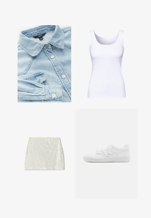 Světle modrá džínová bunda s klasickým límcem, stříbrnými knoflíky a náprsní kapsou; má mírně vybledlou texturu a detaily šití.; Bílý tílko s kulatým výstřihem a širokými ramínky. Vyrobeno z hladkého, elastického materiálu, s upnutým střihem.; Bershka Áčková sukně - white; Bílé tenisky vyrobené z hladké kůže, s perforovanou špičkou, texturovanou gumovou podrážkou, plochými tkaničkami a výrazným logo 'N' na boku.