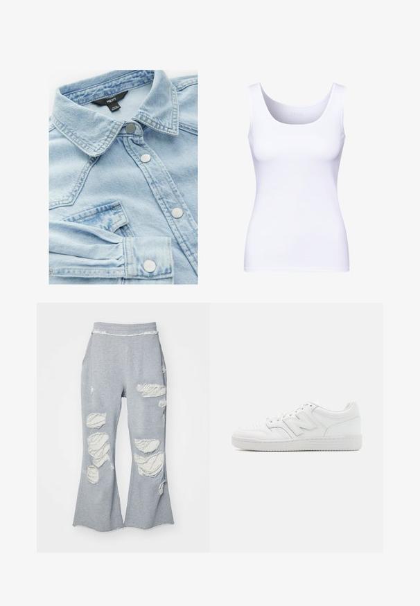 Lyseblå denimjakke med klassisk krave, sølvknapper og brystlomme; har en let falmet tekstur og syning detaljer.; Hvid tanktop med rund halsudskæring og brede stropper. Fremstillet af glat, strækbart stof, der har en tætsiddende silhuet.; Grå sweatpants med et design med udvidede ben, der har flere slidte lapper, som viser lettere stof. Elastisk talje for komfort.; Hvide sneakers lavet af glat læder, med perforeret tå, en tekstureret gummisål, flade snørebånd og et fremtrædende 'N' logo på siden.