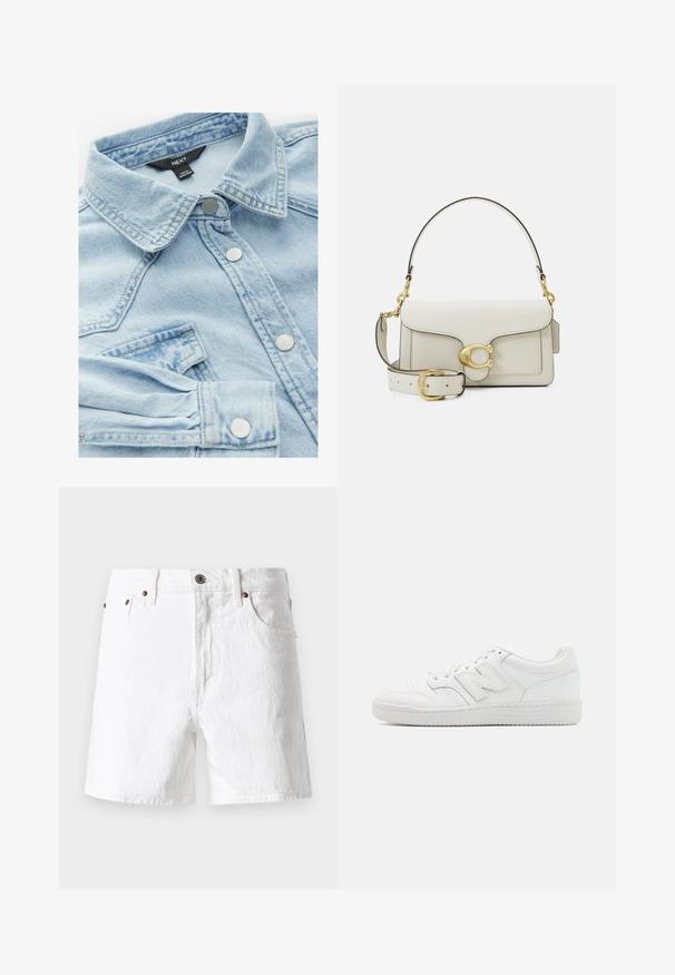 Light blue denim jacket with a classic collar, silver buttons, and a chest pocket; features a slightly faded texture and stitching details.; White tank top with a rounded neckline and thick straps. Made from smooth, stretchable fabric, featuring a fitted silhouette.; White denim shorts with a classic design, five pocket style, copper button accents, and a slightly textured fabric finish.; White sneaker made of smooth leather, featuring perforated toe, a textured rubber sole, flat laces, and a prominent 'N' logo on the side.; White leather handbag with a gold-tone clasp, black accents, a detachable shoulder strap, and a structured design with a flap closure.