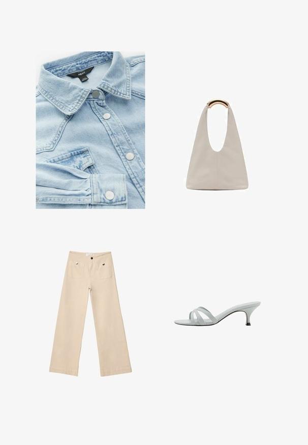 Vaaleansininen farkkutakki, jossa on klassinen kaulus, hopeiset napit ja rintatasku; siinä on hieman haalistunut pinta ja ompeluyksityiskohtia.; Beige leveled-hia pants made of soft cotton, featuring two front pockets with silver hardware, a straight cut, and neatly finished hems.; Vaaleanharmaat korkokengät, joissa on kolme ristikkäistä hihnaa, hoikka profiili ja kapeat korot. Sujuva pinta, jossa on hieman kiiltävä viimeistely.; Vaalea harmaa nahkalaukku, jossa on U-muotoinen muotoilu ja kaareva metallikahva. Suora pinta, jossa on minimaalinen ompelu ja ei näkyviä kuvioita.