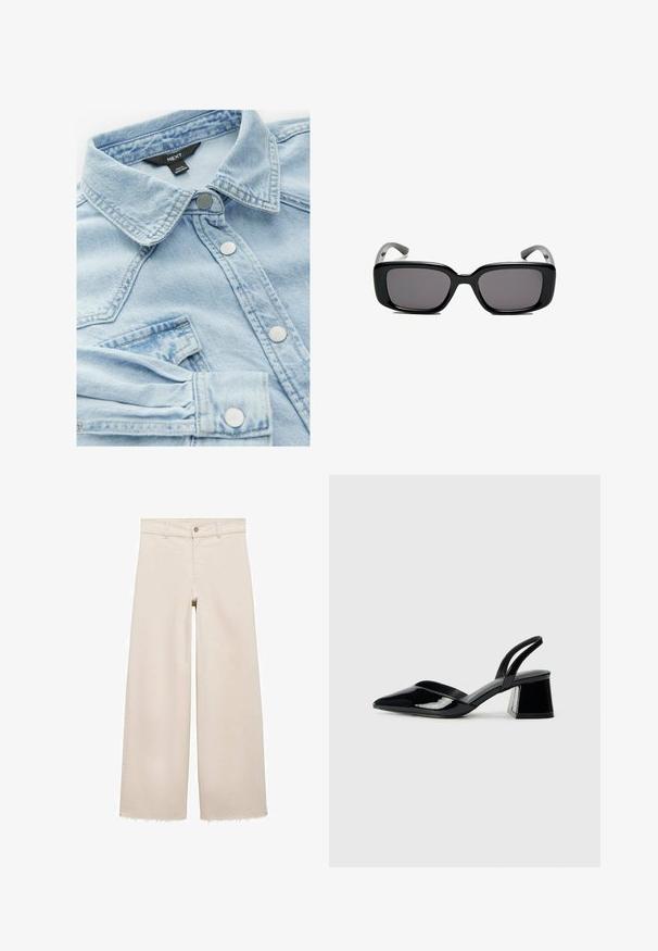 Svetlo modra jeans jakna s klasičnim ovratnikom, srebrnimi gumbi in žepom na prsih; ima rahlo zbledel videz in detajle šivanja.; Bež jeans hlače širokega kroja z visokim pasom, z zapiranjem na gumb, sprednjimi žepi in raztrganim robom. Narejene iz denima.; Črne lakirane slingback pete s koničastim nosom in geometrijsko blokasto peto. Imajo eleganten, minimalističen dizajn in gladko teksturo.; Črne pravokotne sončne očala z temnimi lečami, gladkim plastičnim okvirjem in ukrivljenimi nogicami. Oblika je robustna in minimalistična.
