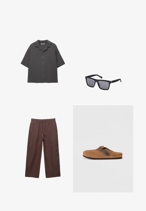 Korte mouwen, knoopsluiting shirt van donkergrijze stof. Kenmerkt zich door een camp collar, rechte snit en subtiele textuur. Vijf knopen aan de voorkant.; Bruine linnen wijde broek met een trekkoord in de taille, voorzien van twee zijzakken en een lichte, gestructureerde stof.; Bruine suede klompen met een verstelbare bruine leren band en zilveren gesp, voorzien van een gevormde kurken voetbed en een gestructureerde rubberen zool.; Zwarte rechthoekige zonnebril met donkere lenzen, een matte afwerking en logo-detail op de sluiting. Het ontwerp heeft rechte randen en dikke monturen.