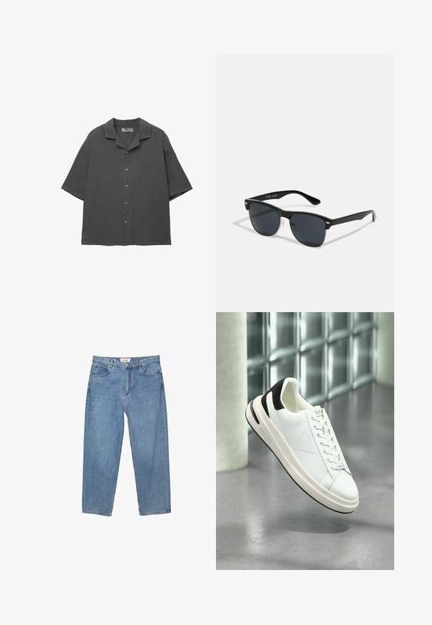 Lyhythihainen nappikauluspaita tummanharmaasta kankaasta. Varustettu leirikolarilla, suoran leikkauksen ja hienovaraisella tekstuurilla. Viisi nappia edessä.; Vaaleansiniset farkut suoranlahkeisella leikkauksella, viiden taskun suunnittelulla ja näkyvällä merkkilapulla vyötäröllä.; Valkoiset nahkakengät mustilla yksityiskohdilla, tasaiset nauhat ja teksturoitu pohja. Mukana 'GUESS' logo sivussa ja kielessä.; Mustat aurinkolasit, joilla on suorakulmainen muoto, tummat linssit, hopeiset yksityiskohdat temppeleissä ja matta pinta kehykset.