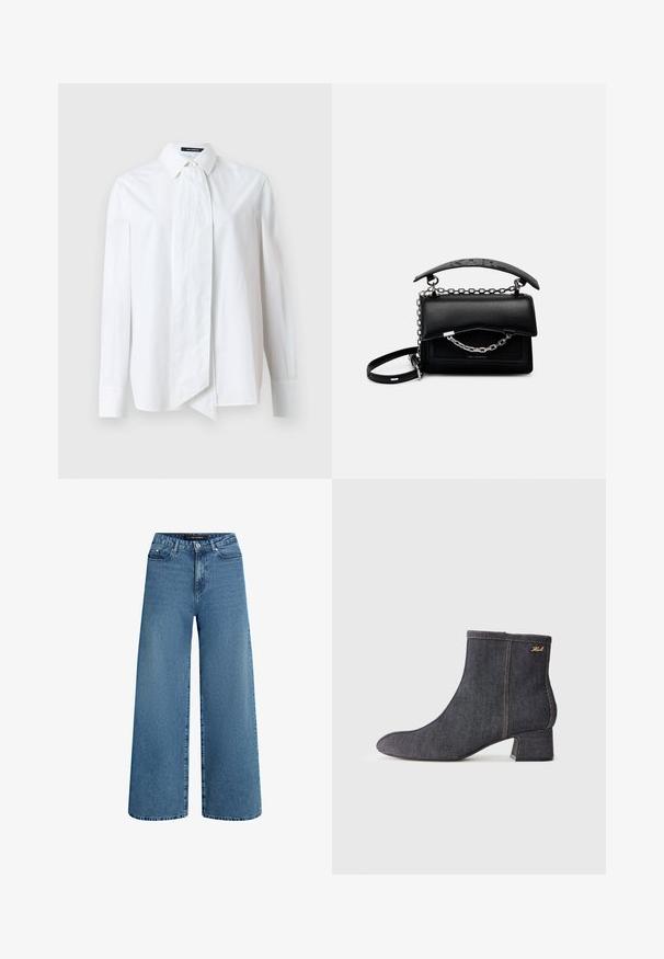 Bijela košulja s dugim rukavima, sa velikom mašnom na ovratniku, izrađena od glatkog materijala s hrskavom teksturom.; Široke traperice u srednje plavoj denimu, s visokim strukom, dizajnom s pet džepova i suptilnim izblijedjenjem. Čist završetak na rubu i pojasu.; Tamni traperi čizmi do članaka s šiljatim vrhom, blok-petom, vidljivim šavovima i suptilnim logotipom s strane. Glatka tekstura.; Crna kožna torba s strukturiranim dizajnom, akcentima od lanca i drške, i teksturiranom površinom. Ima zatvaranje s preklopom s vidljivim brendom.