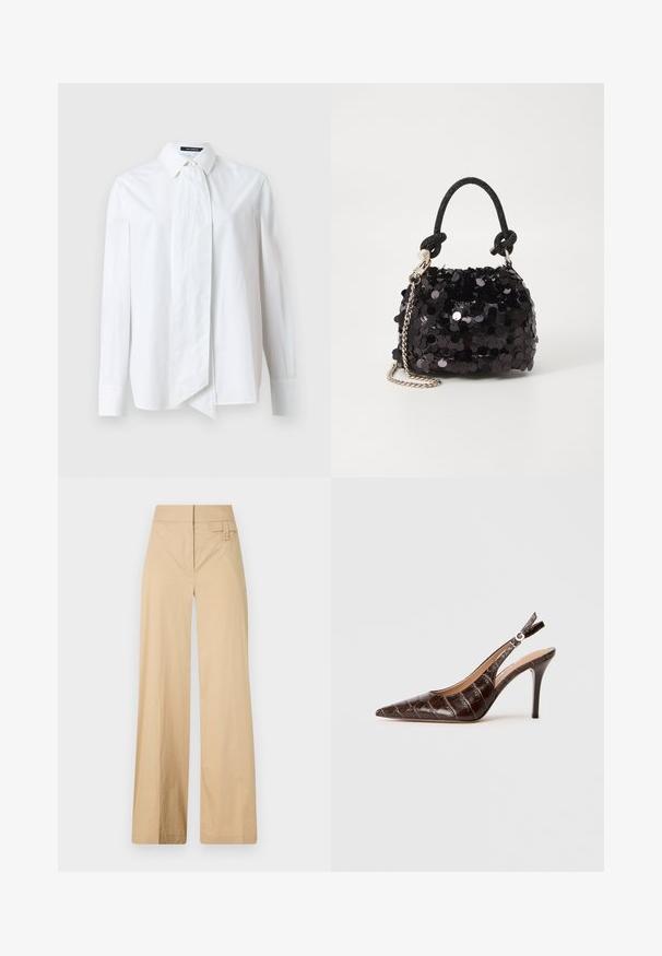 Cămașă albă cu nasturi, cu mâneci lungi, prezentând un fundă mare la guler, realizată dintr-un material neted cu o textură fermă.; Pantaloni bej cu croi larg, dintr-un amestec de bumbac. Au o textură netedă, talie elastică și un detaliu cu buton lateral.; Pantof cu toc slingback din piele embossată cu crocodil, de culoare maronie, cu vârf ascuțit, laterale deschise și tocuri subțiri înalte. Proiectat cu un sistem de ajustare prin cataramă.; Geantă mini neagră cu paiete, cu un umar texturat înnodat și un lanț argintiu. Formă rotundă cu partea de sus adunată și detalii reflectorizante.