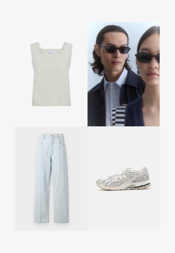 Hellbeige ärmelloses Oberteil mit quadratischem Ausschnitt, gefertigt aus strukturiertem Stoff, mit einfachem Design und geradem Saum.; Weißes geripptes Tanktop mit rechteckigem Ausschnitt und breiten Trägern. Der Stoff hat ein strukturiertes, dehnbares Aussehen.; Hellblaue Jeans im weiten Bein mit hoher Taille, ausgestattet mit zwei vorderen Taschen, geraden Nähten und sichtbaren Steppdetails.; Laufschuh mit einem silbernen und weißen Mesh-Obermaterial und grünen Akzenten. Die Sohle ist dick und strukturiert, um Dämpfung und Unterstützung zu bieten.; Schwarze Sonnenbrillen mit eckigen Rahmen, getragen von einem Mann und einer Frau. Der Mann trägt ein blau-weiß gestreiftes Hemd unter einer dunklen Jacke; die Frau hat ein dunkles, gemustertes Oberteil an.; Wildlederhandtasche in Hellbraun mit runder Form, schwarzem verstellbarem Tragegurt, kontrastierendem Reißverschlussdetail und weicher Textur.; Goldfarbener rechteckiger Uhr mit Metallarmband, weißem Zifferblatt, römischen Ziffern und Datumsanzeige auf sechs Uhr. Der Markenname "FOSSIL" ist sichtbar.; Rosefield FLAT SNAKE - Armband - gold-coloured