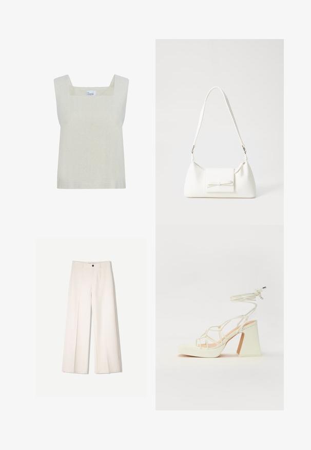 Light beige sleeveless top with a square neckline, crafted from textured fabric, featuring a simple design and straight hem.; Cream wide-leg trousers with a tailored design, featuring two front pockets and a single front button closure, made from smooth fabric.; White high-heeled sandal with a chunky heel, featuring a strappy design and ankle tie. Smooth texture with a platform front for added height.; White synthetic handbag with a triangular shape, flat front flap and bow detail, adjustable strap, smooth texture, and minimalistic design.