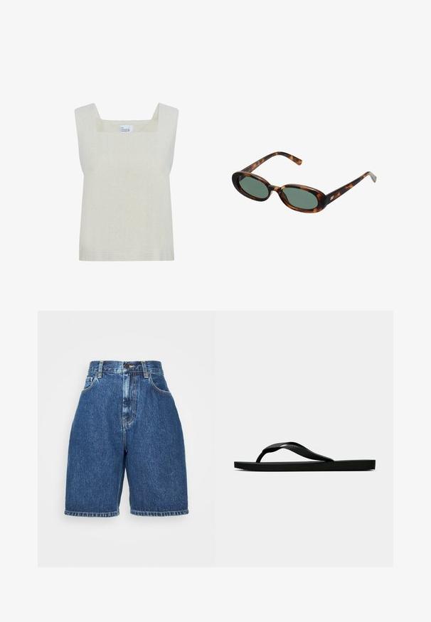 Lichtbeige mouwloze top met een vierkante halslijn, gemaakt van textuurstof, met een eenvoudig ontwerp en een rechte zoom.; Denim shorts met een hoge taille, in een donkerblauwe kleur. Kenmerken zijn de klassieke vijf-pocket stijl, rechte pasvorm en omgeslagen zoom. Van katoen.; Zwarte rubberen flip-flop sandaal met een getextureerde strap en een eenvoudige platte zool, zijaanzicht op een effen lichte achtergrond.; schildpadbril met ovale monturen en groene lenzen. Heeft dunne spijlen met een metalen accent nabij de scharnieren.