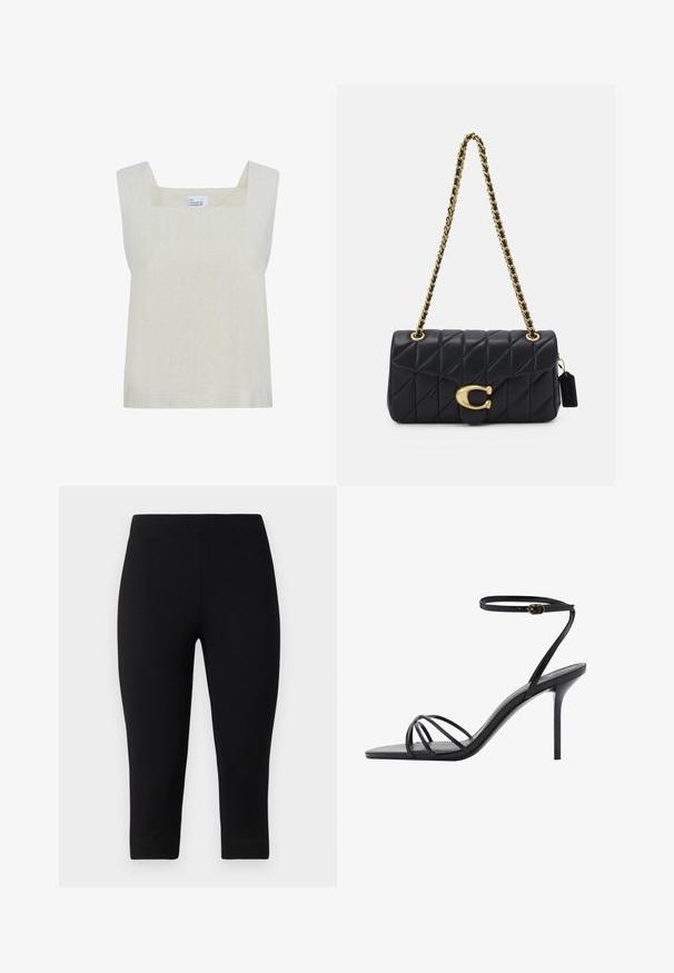 Vaalean beige ilmanhiha toppi, jossa on neliön muotoinen pääntie, valmistettu tekstuurisesta kankaasta, yksinkertainen muotoilu ja suora helma.; Mustat capri-legginssit, jotka on valmistettu joustavasta materiaalista, tiukalla istuvuudella ja sileällä pinnalla, ilman voimakkaita kuvioita tai yksityiskohtia.; Mustat korkokengät, joissa on ohut nilkkaremmi, useita ristikkäisiä remmejä jalan päällä ja tyylikäs neliönmuotoinen varvasdesign.; Mustat vuoratut käsilaukku kultaketjuhihnalla, jossa on erottuva kultainen solki ja pieni tarkkuustagi, ja joka esittelee tekstuurillista nahkapintaa.