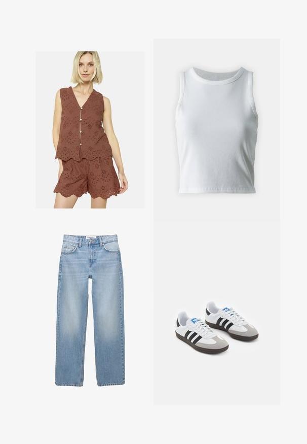 Rjava brezrokavnik s scalloped robom, izvezenimi vzorci in gumbom, v kombinaciji z ustreznimi kratkimi hlačami, ki imajo podoben dizajn.; Bela rebrasta majica brez rokavov z okroglo izrezom, s pravo hem in gladko, elastično strukturo.; Svjetloplave traperice s ravnim nogavicama, stilom s pet džepova i vidljivim detaljima šivanja. Tkanina ima mekanu, malo izbljedjenu teksturu.; Športni čevlji z belim usnjenim zgornjim delom, sivim semišem na prstih in tremi črnimi črtami. Imajo modro logo na jeziku in teksturiran gumijast podplat.