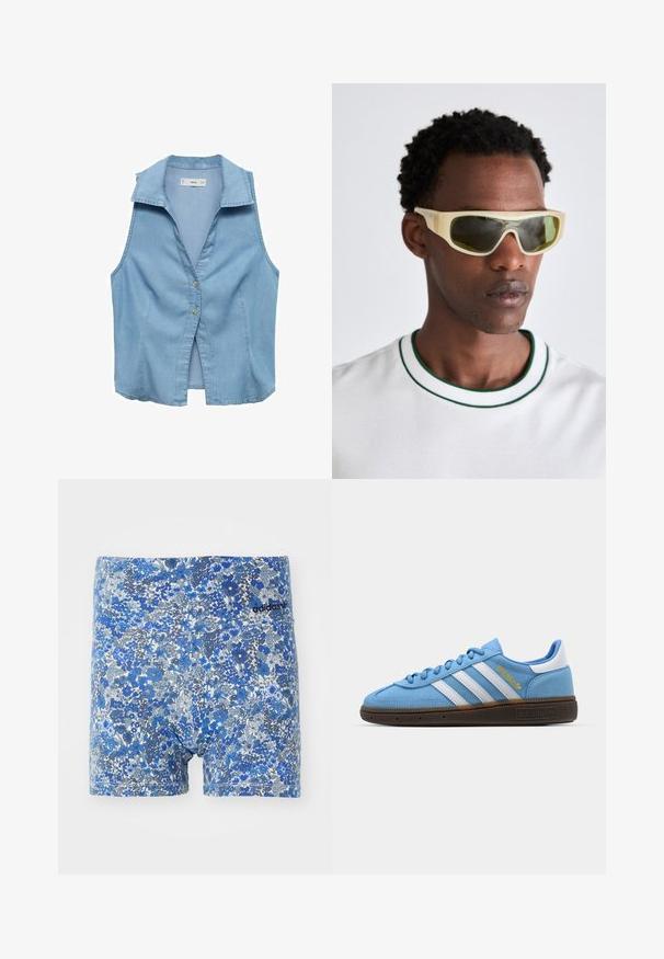 Light blue sleeveless denim shirt with a collar, front buttons, and a slightly fitted design. Smooth texture and casual style.; Blue floral print boxer shorts with a blend of shades, featuring a fitted design and an Adidas logo in black on the waistband.; Light blue suede sneakers with white leather stripes, a brown textured sole, and gold logo detail. Low-top design with rounded toe.; Sunglasses with a translucent yellow frame and green-tinted lenses. Angular design with wide temples, worn with a white shirt featuring green accents.