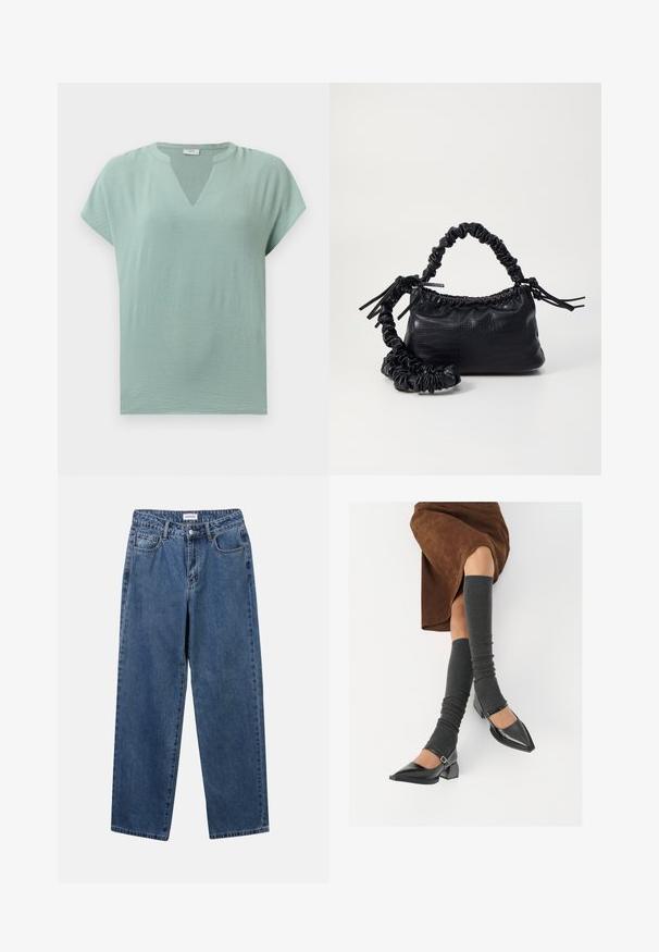 Mint green short-sleeve blouse with a V-neck and a textured finish. Soft fabric with a relaxed fit and subtle draping.; Classic blue denim jeans with a straight-leg design, five pockets, and a button closure. Features a medium wash and sturdy texture.; Black patent leather pointed-toe shoes with a block heel and ankle strap, paired with gray ribbed leg warmers and a brown suede skirt.; Black faux leather handbag with a crocodile texture, cinched top, and a scrunched strap. Appears soft and compact in design.