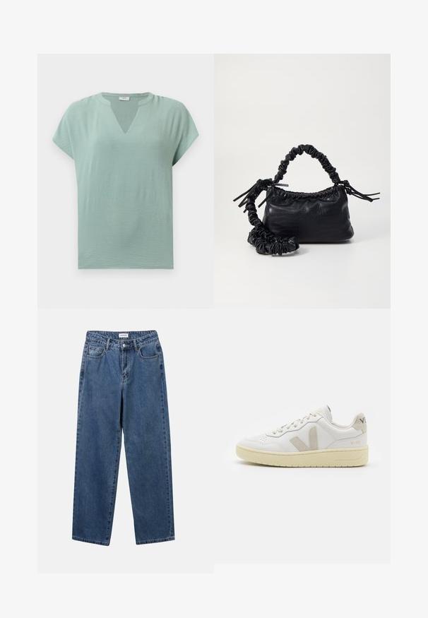 Mintgrønn kortermet bluse med V-hals og teksturert overflate. Myk stoff med avslappet passform og subtil drapering.; Klassiske blå denimjeans med rett ben-design, fem lommer og knappelukking. Har en middels vask og solid tekstur.; Hvite lær sneakers med beige semsket detaljer, perforert tåboks, flate lisser og en teksturert kremfarget såle. Har subtil branding på hælen.; Svart faux skinn-håndveske med krokodilletekstur, strammet topp og en rynket stropp. Ser myk og kompakt ut i designen.