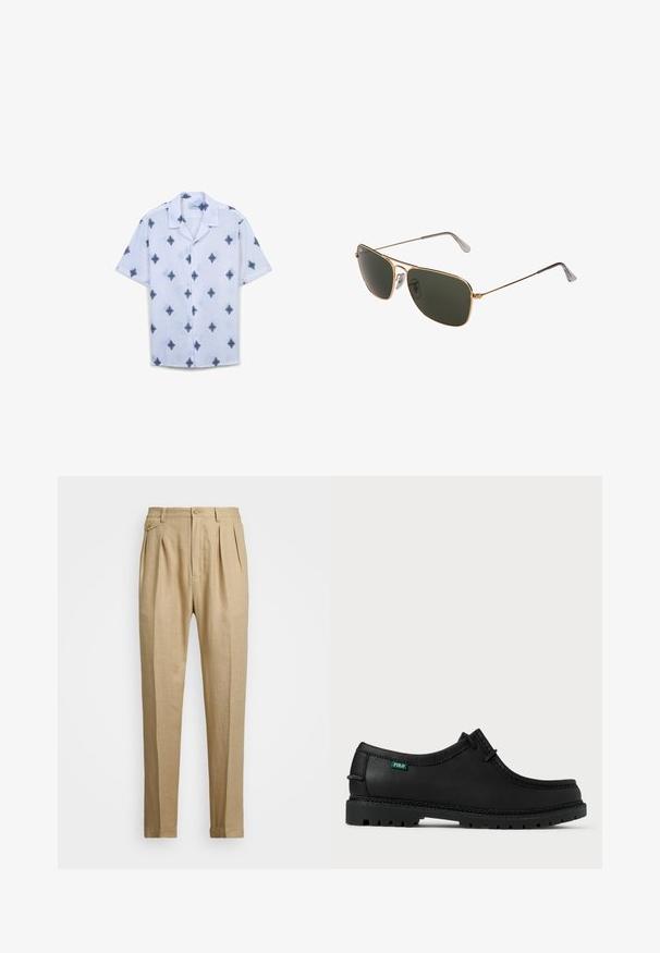 Kurzarmhemd aus weißem Stoff mit einem blauen Diamantmuster, eingeschränktem Kragen, Knopfleiste und lockerer Passform.; Beige Leinenhose mit geradem Schnitt, ausgestattet mit zwei vorderen Falten, einem Knopfverschluss und seitlichen Taschen. Strukturierter Stoff mit glatter Oberfläche.; Schwarzer Lederschuh mit niedrigem Profil, runder Zehenform und strukturiertem Profil. Mit grünem "POLO"-Label und kontrastierenden Nähten entlang der Kante.; Goldfarbene Metall-Aviator-Sonnenbrillen mit großen dunkelgrünen Gläsern, ausgestattet mit einem dünnen Rahmen und transparenten Nasenpolstern für zusätzlichen Komfort.