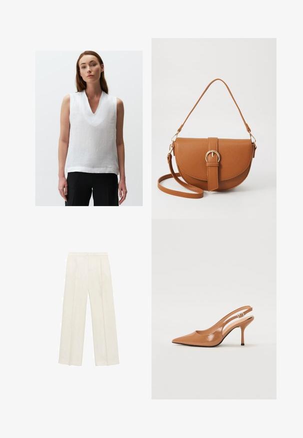 Top sans manches blanc en lin, avec un décolleté en V et une coupe décontractée. Le tissu présente une apparence légère et texturée.; Pantalons larges de couleur crème clair. Fabriqués dans un tissu lisse avec des plis à l'avant et des poches latérales.; Escarpin à talon slingback à bout pointu en matériau beige lisse et brillant. Présente un design de découpes courbées et un talon aiguille fin. Détail de boucle en argent.; Sac bandoulière en cuir marron avec une forme incurvée, quincaillerie dorée et un accent en boucle. Comprend une bandoulière détachable.