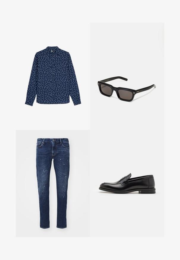 The Kooples ÉE À POIS - Chemise - dark navy; Jean en denim bleu foncé avec une coupe slim, ornés de éclaboussures de peinture, de coutures visibles et d'un design standard à cinq poches. Coupe jambe droite.; Mocassins en cuir noir avec une texture lisse, bout rond et une sangle décorative sur le dessus. Talon bas empilé, design minimaliste.; Lunettes de soleil noires rectangulaires avec des verres foncés, monture en plastique épais, accents dorés sur les branches et logo de la marque gravé sur le bras.