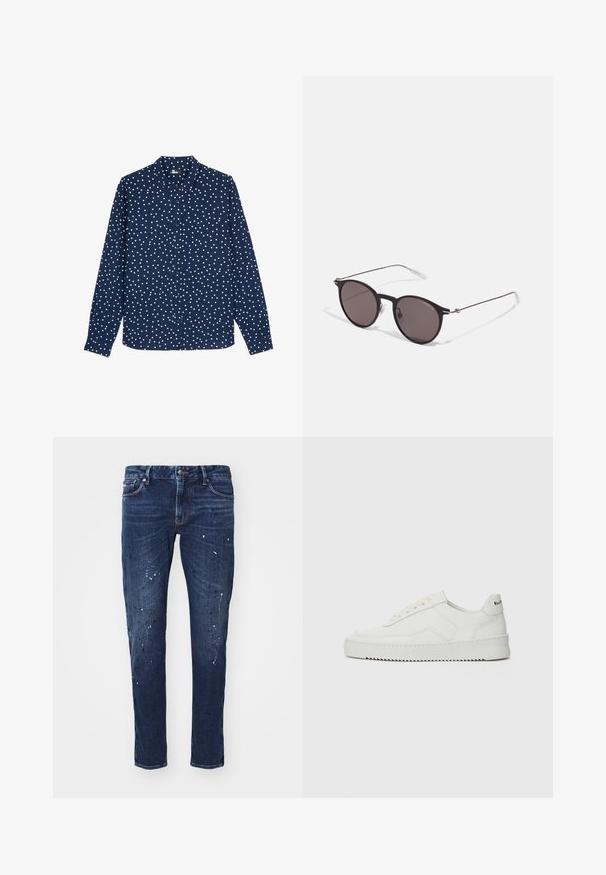 The Kooples ÉE À POIS - Hemd - dark navy; Dunkelblaue Denim-Jeans mit schlankem Schnitt, die Farbkleckse, sichtbare Nähte und ein klassisches fünf-Taschen-Design aufweisen. Gerader Beinansatz.; Weiße Ledersneaker mit glatter Oberfläche, runder Zehenpartie, flachen Schnürsenkeln und strukturiertem Sohlenprofil. Mit einem dezenten Logo an der Ferse.; Schwarze runde Sonnenbrille mit dunklen Gläsern und schlanken Metallbügeln. Enthält klare Tempelspitzen und silberne Akzente am Scharnier. Minimalistisches Design.