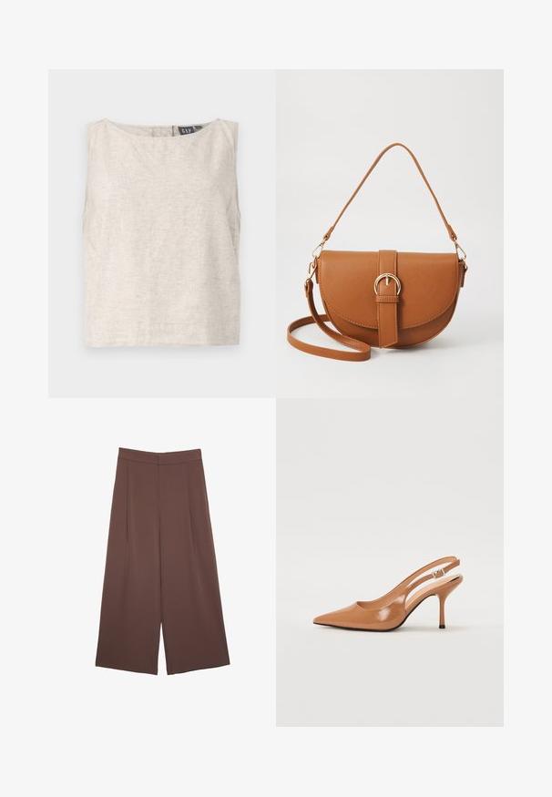 Top senza maniche color beige chiaro in lino. Presenta un colletto rotondo e una vestibilità ampia. Design semplice senza motivi visibili o parti metalliche.; Pantaloni ampi marroni con una texture liscia, caratterizzati da una vita alta e pieghe frontali. Il tessuto è leggero e scorre liberamente.; Tacco slingback a punta affusolata in un materiale tan liscio e lucido. Presenta un design con ritaglio curvo e un sottile tacco a stiletto. Dettaglio con fibbia argentata.; Borsa a tracolla in pelle marrone con forma curvata, hardware dorato e un dettaglio con fibbia. Presenta una tracolla rimovibile.