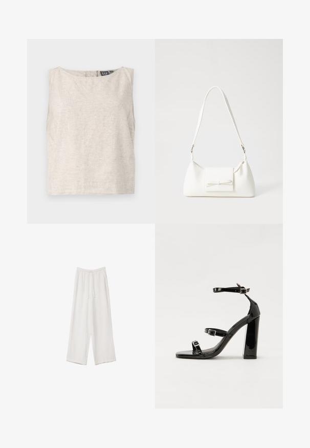 Top senza maniche color beige chiaro in lino. Presenta un colletto rotondo e una vestibilità ampia. Design semplice senza motivi visibili o parti metalliche.; Pantaloni a gamba larga bianchi realizzati in un tessuto leggero. Presentano una vita elastica con cordoncino e tasche laterali. Texture liscia.; Sandali con tacco in vernice nera, con punta squadrata, cinturini alla caviglia e fibbie in argento. Presentano un tacco a blocco spesso per maggiore stabilità.; Borsa sintetica bianca a forma triangolare, con patta anteriore piatta e dettaglio a fiocco, tracolla regolabile, texture liscia e design minimalista.