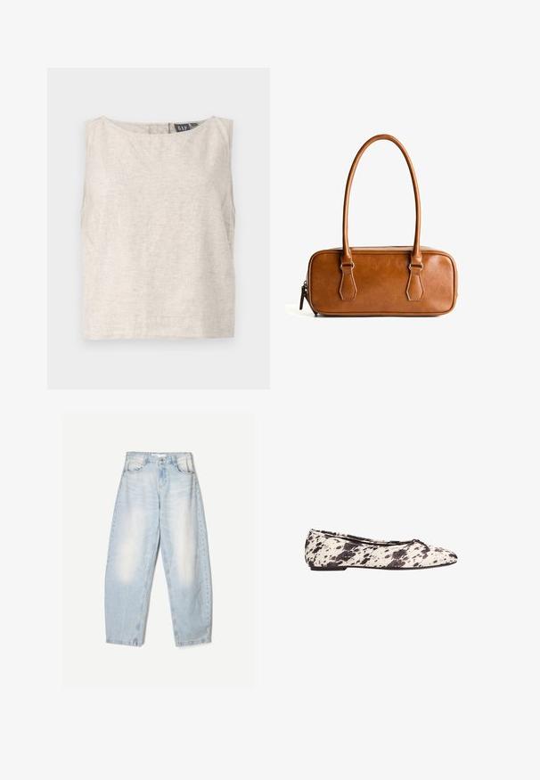 Helles Beige, ärmelloses Top aus Leinen. Verfügt über einen runden Ausschnitt und eine lockere Passform. Einfaches Design ohne sichtbare Muster oder Hardware.; Hellblaue Jeans aus Denim mit lockerer Passform, im ausgewaschenen Finish, zwei Fronttaschen und einem Knopfverschluss am Bund.; Schwarz-weiß gepunktete Ballerina mit einem kleinen Schleifen-Design auf der abgerundeten Zehe und niedrigem Absatz, seitlich auf einem weißen Hintergrund abgebildet.; Braune Lieblingstasche aus Leder mit zwei langen Tragegriffen, rechteckiger Form, glatter Oberfläche, Reißverschluss und Hardware-Akzenten in Silber.