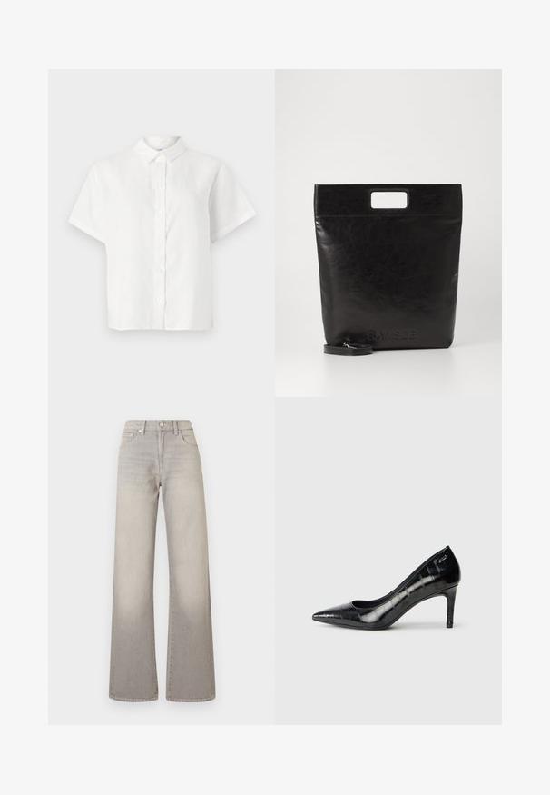 Valge lühikeste varrukate ja linane särk, millel on terav krae ja nööpidega eesmine osa. Omab lõdva siluetti ja siledat tekstuuri.; Hallide lai püksid hallis toonis, kahvatu viimistlusega, nööbiga kinnitamine, viie tasku disain ja õmbluste äärtes kaunistus.; Mustad varvastega mustad kõrged kontsad läikiva viimistluse ja peene tekstuuriga mustriga. Omab mõõdukat kontsa ja avatud kaela disaini.; Must mustrikotest läikega must nahast kott ruudukujulise käepidemega, millel on tekstuuriga viimistlus ja reljeefne logo. Kohandatav rihm on eemaldatav.