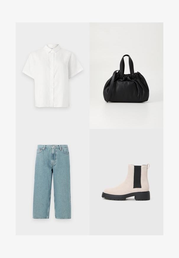 Fehér, rövid ujjú ing vászonból, hegyes gallérral és gombos elülső résszel. Laza szabással és sima textúrával rendelkezik.; Világoskék farmer rövidnadrág, magas derékkal, egyenes szabással és nyers szegéllyel. Klasszikus gombos és cipzáras záródással rendelkezik, négy zseb van rajta.; Beige velúr Chelsea csizma fekete elasztikus oldalsó panellel, tömzsi fekete talppal és fülekkel a bokánál.; Fekete bőr kézitáska, összegyűrt felső dizájnnal, két rövid fülekkel és egy hosszú, állítható pánttal. Simább textúra, lekerekített forma.