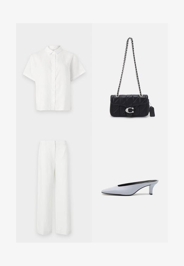 White short-sleeve shirt made of linen with a pointed collar and button-down front. Features a relaxed fit and smooth texture.; White wide-leg trousers with a smooth texture, featuring a flat front and pressed creases. Made of lightweight fabric, no visible patterns.; Light blue patent leather mule with a pointed toe, low transparent heel, and a sleek design featuring a cut-out at the vamp.; COACH TABBY SHOULDER BAG 20 WITH PILLOW QUILTING - Cross body bag - black