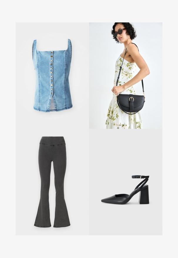 Denimová blúzka so štvorcovým výstrihom, modrý umývaný efekt, zapínanie na prednej strane s dekoratívnymi zlatými gombíkmi, bočné rozparky a mierne zúžený strih.; Čierne rifľové nohavice so širokým pásom a rozšírenými nohavicami, s hladkou textúrou a prešitými detailmi pozdĺž švov.; Čierne kožené lodičky s špicatou špičkou a členkovým remienkom, s masívnym podpätkom. Hladký povrch, elegantný dizajn a minimalistická estetika.; Čierna kožená kabelka s zaobleným tvarom, odnímateľným popruhom a zlatými doplnkami. Kabelka má klopu s detailom s prackou.