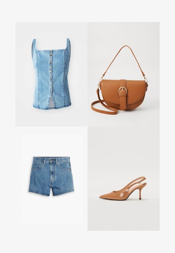 Džinsinis viršus su kvadratiniu iškirpimu, mėlyno skalbimo, priekiniai mygtukai su dekoratyviniais auksiniais mygtukais, šoninės plyšeliai ir šiek tiek prigludusi forma.; Šviesiai mėlyni džinsiniai šortai, turintys penkis kišenes, užtrauktuko užsegimą ir mygtuko uždarymą. Apačia yra nusidėvėjusi, o dizainas yra laisvo pjūvio.; Pailgų smailiu pirštu slingback kulnas, pagamintas iš lygaus, blizgaus rudos spalvos medžiagos. Yra kreivų išpjovimų dizainas ir lieknas stiletto kulnas. Sidabrinė sagtis.; Ruda odinė kryžminė rankinė, turinti kreivą formą, auksinius metalinius elementus ir sagtį. Yra nuimama petneša.