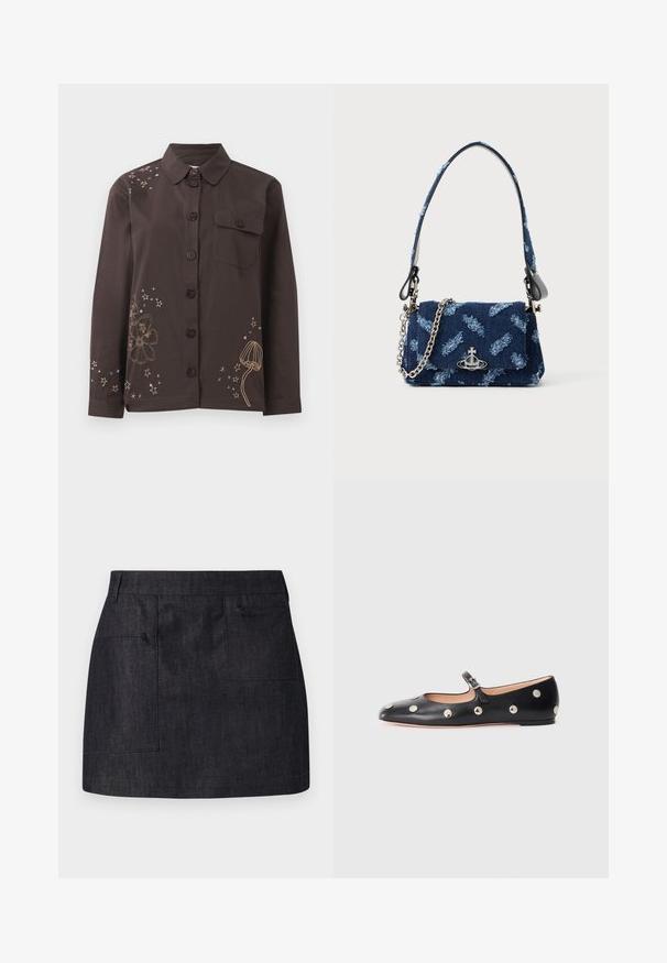 Rudas marškinėliai su apykakle, papuošti gėlėmis ir žvaigždžių siuvinėjimu auksine ir mėlyna spalvomis, su kairėje krūtinės pusėje esančia kišene. Pagaminta iš medvilnės.; Tamsiai mėlyna džinsinė sijonas su tiesia iškirpte, turintis dvi priekinės kišenes ir subtilią tekstūrą. Švarus apdaila ir standartinis juosmens dizainas.; Juodų odinių Mary Jane plokščių batų su apvaliu pirštu, papuoštų sidabriniais apvaliais nagais ir reguliuojamu dirželiu su sagtimi.; Tamsiai mėlynas audinio rankinukas su tekstūruotu dizainu, sidabrinės spalvos detalėmis ir nuimama grandinėle. Yra užsegimas ant ventiliatoriaus ir logotipo akcentas.; Sidabrinės auskarai su apvaliu žiedu, papuošti spindinčiomis akmenimis ir ašarėlės formos perlo pakabučiu. Išskirtinis dizainas su rafinuotais akcentais.