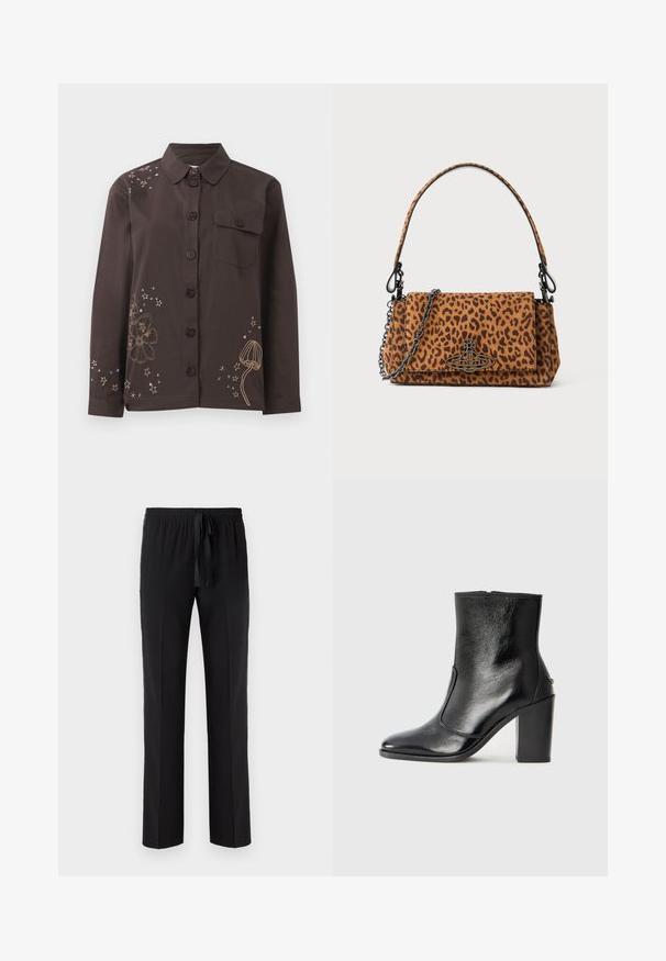 Brūnas pogām piegriezta krekla ar apkakli, kas rotāta ar ziedu un zvaigžņu izšuvumiem zeltītā un zilā krāsā, kā arī ar kreiso krūšu kabatu. Krekls izgatavots no kokvilnas materiāla.; Melni bikses ar elastīgu jostu un regulējamu auklu, ar taisnu kājāmgājēju dizainu un gludu tekstūru. Nav rakstu vai akcentu.; Melnas ādas potīšu zābaki ar gludu tekstūru, smailu purngalu un masīlu augstu papēdi. Iekļauts sānu atvērums un minimālistisks dizains.; Leoparda raksta roka somiņa, izgatavota no zamšādas, ar īsu rokturi, ķēdes siksnu un melnu metāla aizdari. Taisnstūra forma ar pārklājuma aizdari.