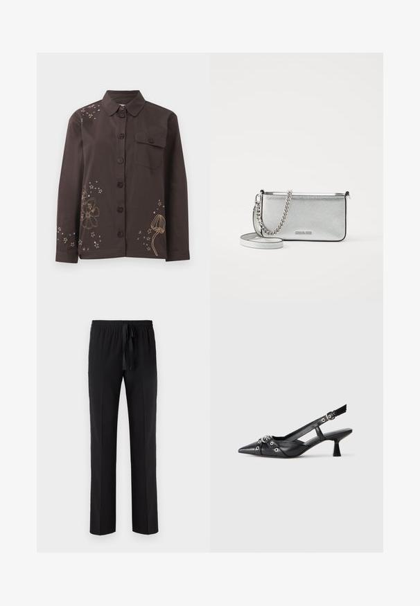 Pruuni nööbid-särk kraega, millel on lille- ja tähkembroidery kuld- ja sinise värviga ning vasakul rinna kohal tasku. Puuvillane materjal.; Mustad püksid elastse vöökohtaga ja reguleeritava paelaga, sirge jala lõike ja ühtlase tekstuuriga. Ilma mustriteta või aksessuaarideta.; Must must have must toote tõmblukuga, dekoratiivsed rihmad metallist silmadega ja madal blokk-kand. Tekstureeritud pind.; Hõbedane nahkne õlakott, millel on tekstuuriga viimistlus, ahel- ja rihmaaktsendid ning lukuga lukustus. Esiküljel on logo.