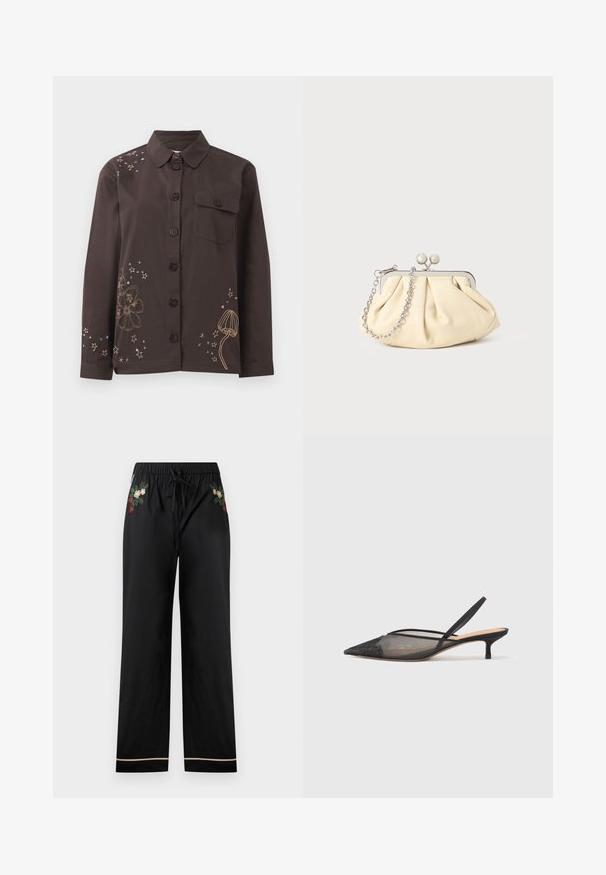 Rudas marškinėliai su apykakle, papuošti gėlėmis ir žvaigždžių siuvinėjimu auksine ir mėlyna spalvomis, su kairėje krūtinės pusėje esančia kišene. Pagaminta iš medvilnės.; Juodos plačios kojų kelnės turi elastingą juosmenį su raišteliu, siuvinėtus gėlių raštus spalvose ir kontrastingą apdailą apačioje.; NEOUS IRENA - Klasikiniai aukštakulniai - black; Plyšiniai smėlio spalvos odiniai rankinukai su sidabriniu metaliniu rėmu, turintys du apvalius dekoratyvinius užtrauktukus ir sidabrinę grandinėlę.