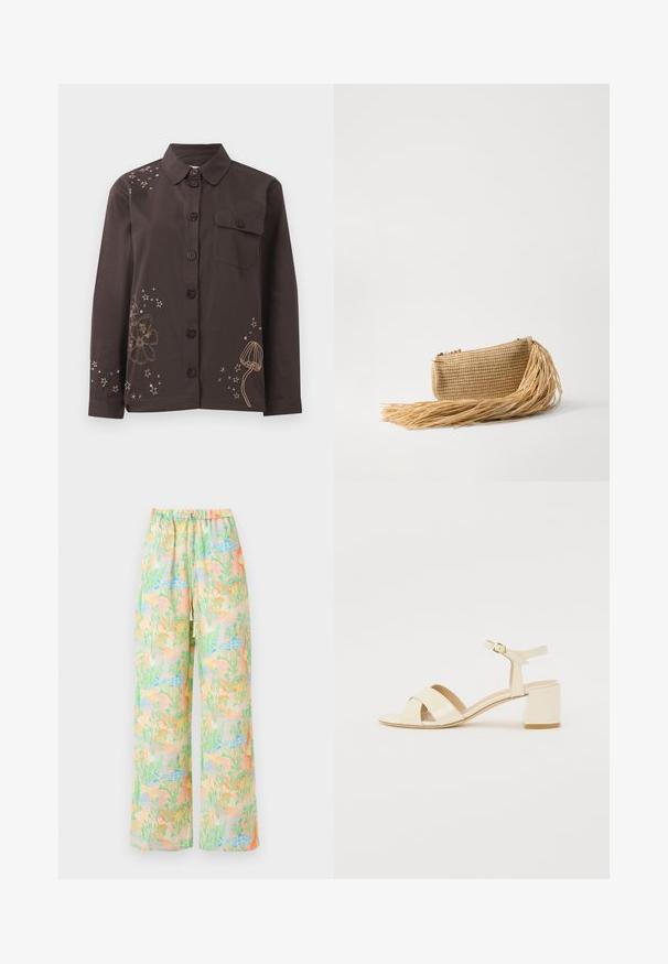 Rjava srajca s gumbi in ovratnikom, ki ima vezenje cvetov in zvezd v zlatih in modrih tonih ter žep na levem prsnem delu. Bombažni material.; Široke hlače iz lahkega materiala s pastelnih vzorcem rib in rastlin. Elastičen pas z detajlom vrvice.; Bež lakirane usnjene sandale s peto z zasnovo čez trak, odprtim prstom, nastavljivim gležnjenjem in blok peto. Gladka tekstura.; Cult Gaia VIERA - Pisemska torbica - natural
