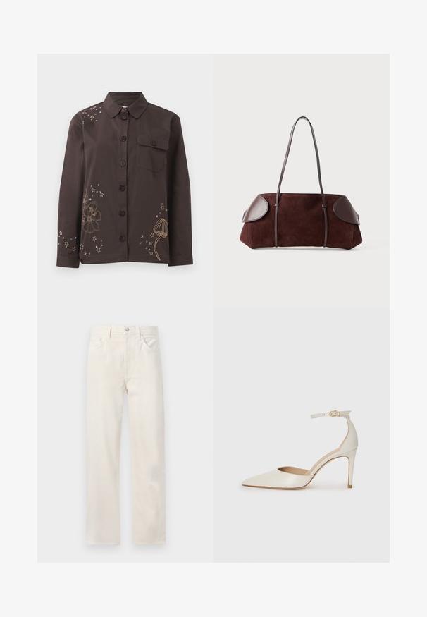 Camisa castanha de botão com colarinho, apresentando bordados florais e de estrelas em dourado e azul, e um bolso no lado esquerdo do peito. Material de algodão.; Jeans de ganga de perna reta em tom off-white, com cinco bolsos, passantes para cinto e fecho de botão e zíper na cintura.; Sapato de salto alto em pele branca com biqueira pontiaguda, faixa no tornozelo e um salto fino de stiletto. Textura suave com um leve acabamento brilhante.; Bolsa de camurça castanha com acabamentos em pele, forma estruturada, duas alças de ombro e bordas arredondadas, apresentando uma textura suave e hardware mínimo.