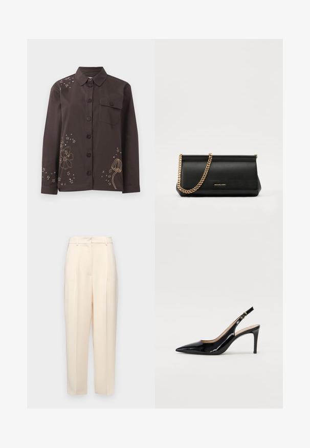 Pruuni nööbid-särk kraega, millel on lille- ja tähkembroidery kuld- ja sinise värviga ning vasakul rinna kohal tasku. Puuvillane materjal.; Beežid kohandatud püksid otse lõikega, ees volditud, siledast tekstuurist ja keskmise kõrgusega vöökoht. Nähtavaid taskuid ei ole.; Must hõbedavärvi patendiga slingback kontsakingad terava varbaga, kitsas konts ja peene lõikega disain. Statistika on kuldne pandla rihmal.; Mustast nahast klamberkott kuldse kettrihmaga, millel on sile tekstuur, ristkülikuline kuju ja esiküljel reljeefne brändingu märk.