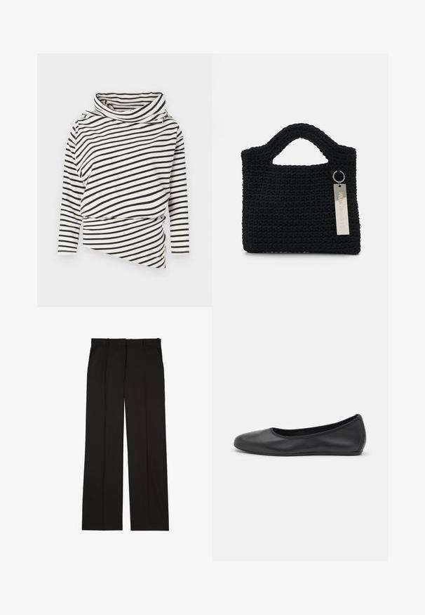 Asymmetrisches Langarmoberteil in Creme mit schwarzen Streifen, mit hohem Kragen und drapierter Vorderseite im strukturierten Finish.; Schwarze, maßgeschneiderte Hosen aus einem glatten Stoff, mit geradem Bein und zwei Seitentaschen. Elegante und minimalistische Konstruktion.; Schwarze Leder-Ballettschuhe mit abgerundeter Spitze, glatter Textur, minimalen Nähdetails und einem flexiblen Sohlen-Design.; Won Hundred MARSIELLE COMPUTER BAG UNISEX - Notebooktasche - black